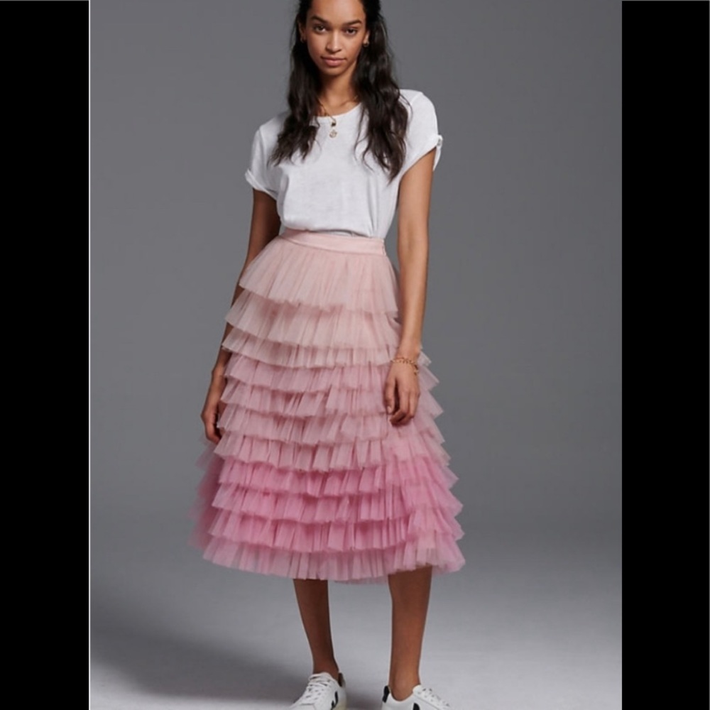 NWT Anthropologie Geisha Designs Bita Ombré Tulle Tiered Midi Skirt Size L